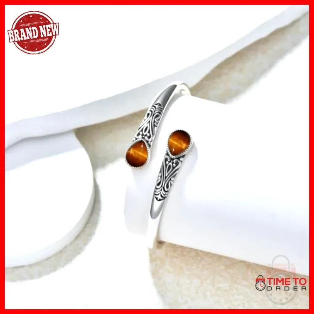 Sterling Silver Tiger Eye Adjustable Bangle Bracelet Boho Navajo Style Jewelry